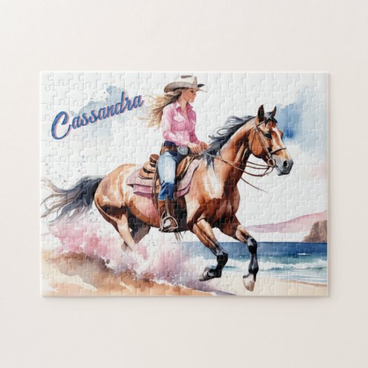 Cowgirl Horseback Riding on Beach by Ocean Custom Puzzle (Horizontal)