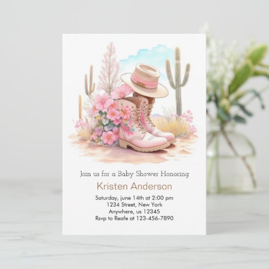 Cowgirl-Hut und Boots Babydusche Einladung (Stehend Vorderseite)