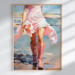 Cowgirl im Aquarellküste am Strand Poster<br><div class="desc">Fügen Sie Ihrer Dekoration eine Touch von Launen und Charme hinzu mit dem "Cowgirl Watercolor Cowgirl am Beach Poster". Dieses hübsche, auf Papier basierende Kunstwerk besticht durch eine wunderschön gerenderte Aquarellszene einer Frau in einem rosa Rock und passende rosa Cowboystiefel, die an einem sonnenbeleuchteten Strand mit einem Bouquet in der...</div>