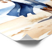 Cowgirl in Denim mit einem Hund am Strand Poster (Ecke)