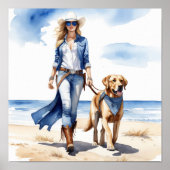 Cowgirl in Denim mit einem Hund am Strand Poster (Vorne)
