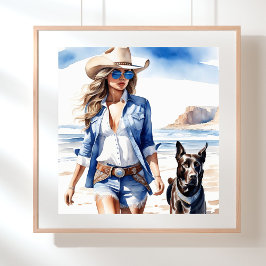 Cowgirl in Denim mit Hund am Strand Poster