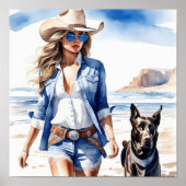 Cowgirl in Denim mit Hund am Strand Poster (Vorne)