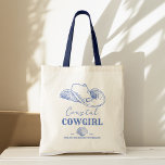 Cowgirl Junggeselinnen-Abschied bevorzugt Tragetasche<br><div class="desc">Coastal Cowgirl Bachelorette Wochenende auf einer Küste Bachelorette favorisiert personalisierte gedruckte Tasche,  Junggeselinnen-Abschied personalisiert Gefallen Tasche dusty Blue Marine Cowgirl Strand staubblaue themed Partyfavors Tote Tasche</div>