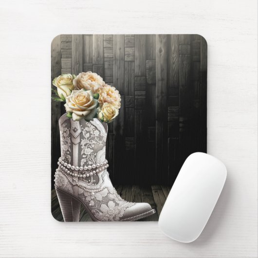 Cowgirl Lace & Pearls Stiefel Weiße Blume Rustikal Mousepad (Mit Mouse)