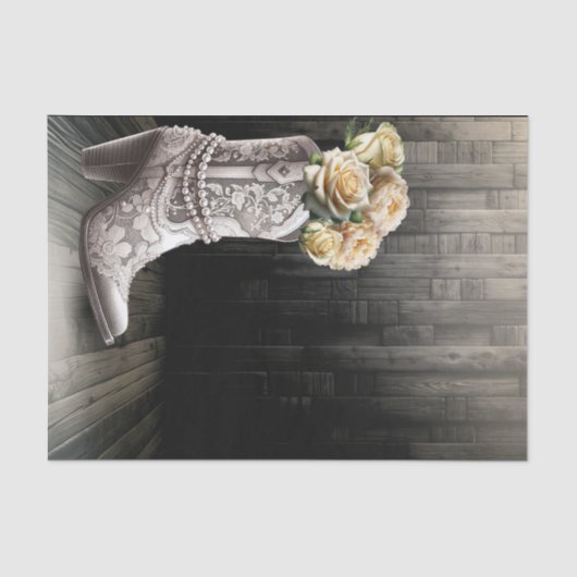 Cowgirl Lace & Pearls Stiefel Weiße Blume Rustikal Seidenpapier (Vorderseite)