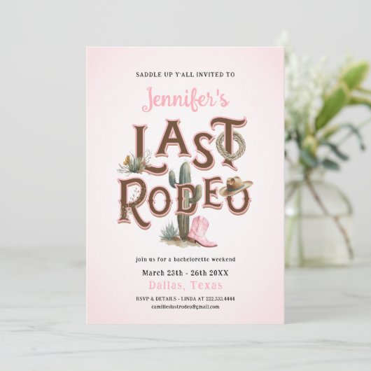 Cowgirl Last Rodeo Bachelorette Einladung (Stehend Vorderseite)