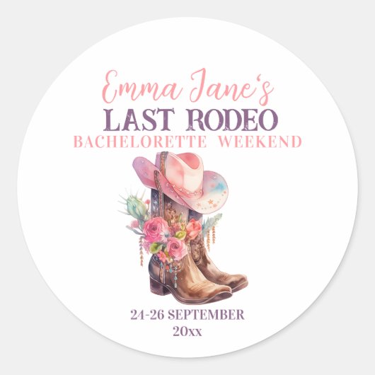 Cowgirl Last Rodeo Pink Bachelorette Runder Aufkleber (Vorderseite)