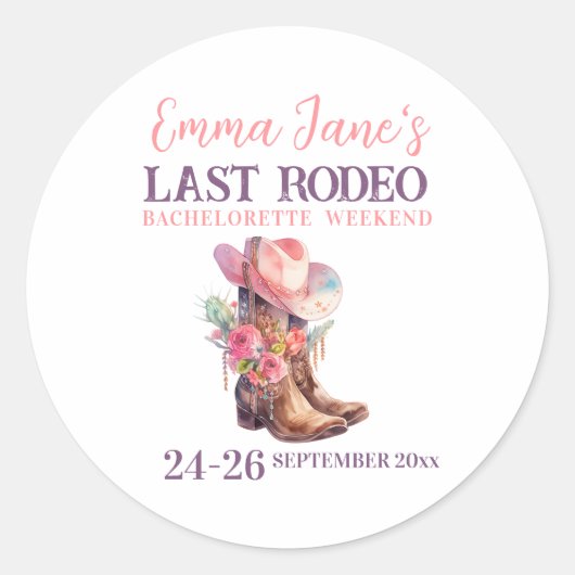 Cowgirl Last Rodeo Pink Bachelorette Runder Aufkleber (Vorderseite)