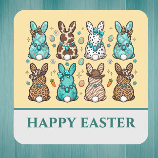 Cowgirl Leopard Print Blue Brown Easter Bunnies   Quadratischer Aufkleber