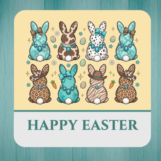 Cowgirl Leopard Print Blue Brown Easter Bunnies   Quadratischer Aufkleber