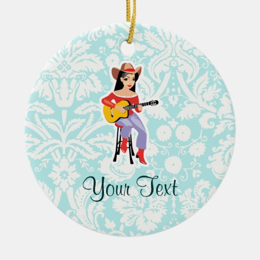 Cowgirl mit Gitarre; Niedlich Keramik Ornament (Vorne)