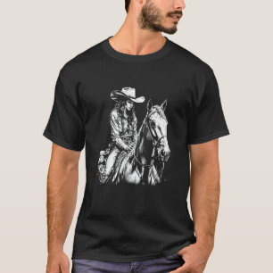 Cowgirl mit Haltung auf einem Pferd reitend, dunkl T-Shirt