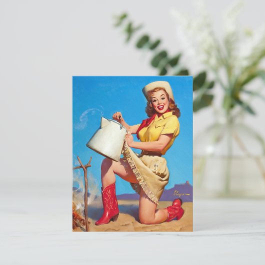 Cowgirl mit Kaffee-Button oben Einladung (Stehend Vorderseite)