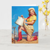 Cowgirl mit Kaffee-Button oben Karte (Gelbe Blume)