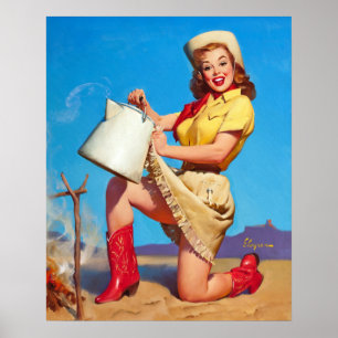 Cowgirl mit Kaffee-Button oben Poster