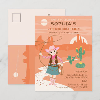 Cowgirl mit Lasso und Cacti Kindergeburtstag Party Einladungspostkarte