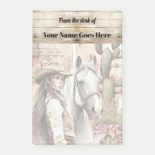 Cowgirl mit Pferdekakteen Post-it Klebezettel (Vorderseite)