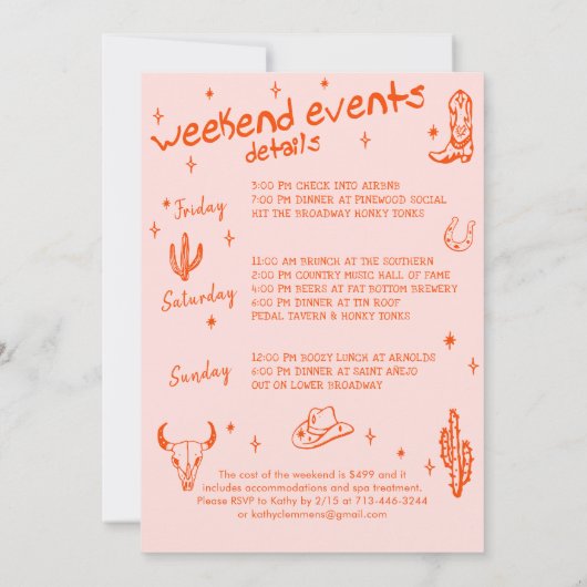 Cowgirl Nashville Last Rodeo Bachelorette Weekend Einladung (Rückseite)