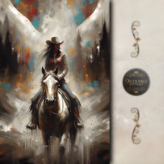 Cowgirl on White Horse Trail Decoupage Seidenpapier