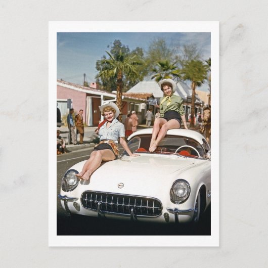 Cowgirl, Parade, Auto, bunt, Retro Postkarte (Vorderseite)