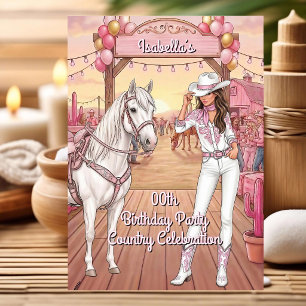 Cowgirl Pferd Rosa Weiß Ranch Geburtstagsfeier BR Einladung