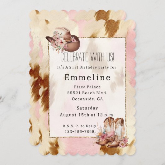 Cowgirl Pink Cream Brown Cowhide Hat Boots Einladung (Vorne/Hinten)