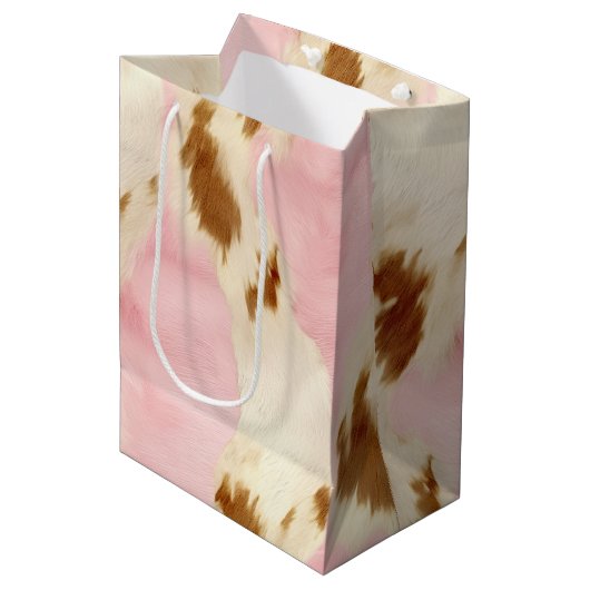 Cowgirl Pink Cream Brown Cowhide Mittlere Geschenktüte (Vorderseite Schrägansicht)