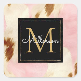 Cowgirl Pink Creme Brown Cowhide Gold Monogramm Quadratischer Aufkleber
