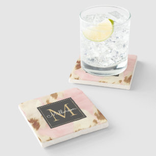 Cowgirl Pink Creme Brown Cowhide Gold Monogramm Steinuntersetzer