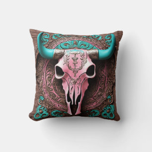 Cowgirl Pink Türkis Western Country Bull SKull Kissen