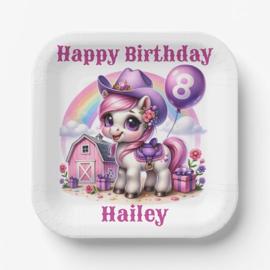 Cowgirl Pony 8-jähriger Geburtstag Pappteller (Vorderseite)