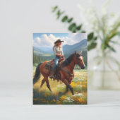 Cowgirl Reiten Pferd durch Wildblumen Postkarte (Stehend Vorderseite)