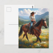 Cowgirl Reiten Pferd durch Wildblumen Postkarte (Vorne/Hinten)