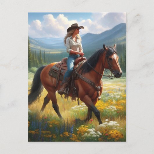 Cowgirl Reiten Pferd durch Wildblumen Postkarte (Vorderseite)