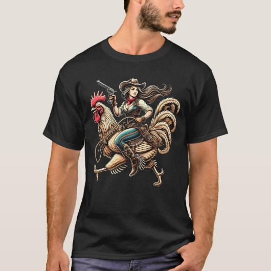 Cowgirl Riding Chicken Rooster Lover Vintage T-Shirt (Vorderseite)