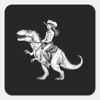 Cowgirl Riding Dinosaur Quadratischer Aufkleber