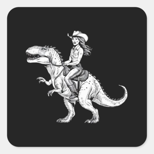 Cowgirl Riding Dinosaur Quadratischer Aufkleber (Vorderseite)