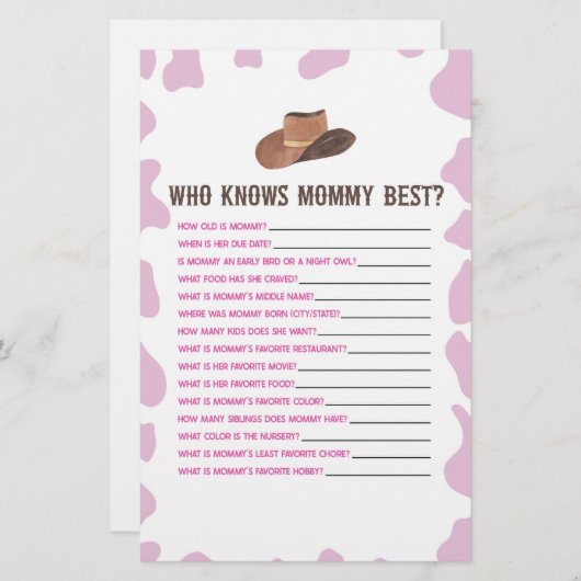 Cowgirl Rodeo, die Mommy Baby Shower Game kennt Briefpapier (Vorne/Hinten)