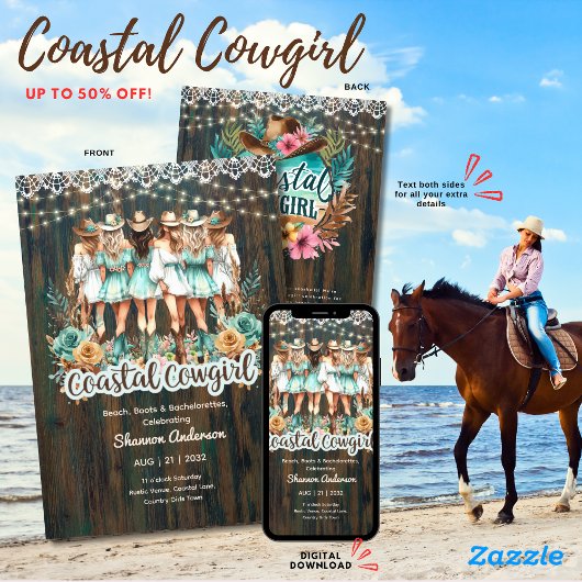 ⭐ Cowgirl Rustic Beach Bachelorette Bridal Einladung