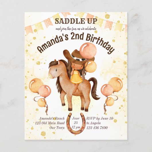 Cowgirl saddle auf Geburtstagsbudget (Vorderseite)