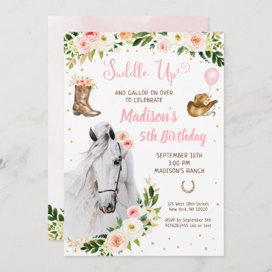 Cowgirl Saddle Up Pferd Pony Geburtstag Einladung (Vorne/Hinten)