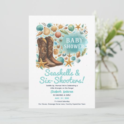⭐ Cowgirl Seashells Baby Dusche Aquamarin Einladung (Stehend Vorderseite)