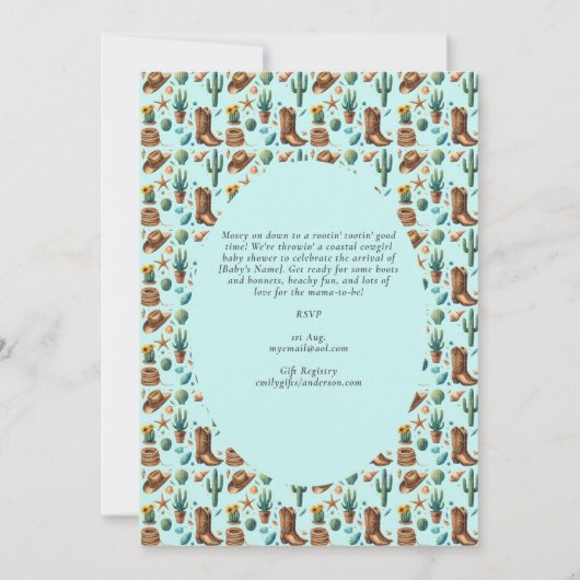 ⭐ Cowgirl Seashells Baby Dusche Aquamarin Einladung (Rückseite)