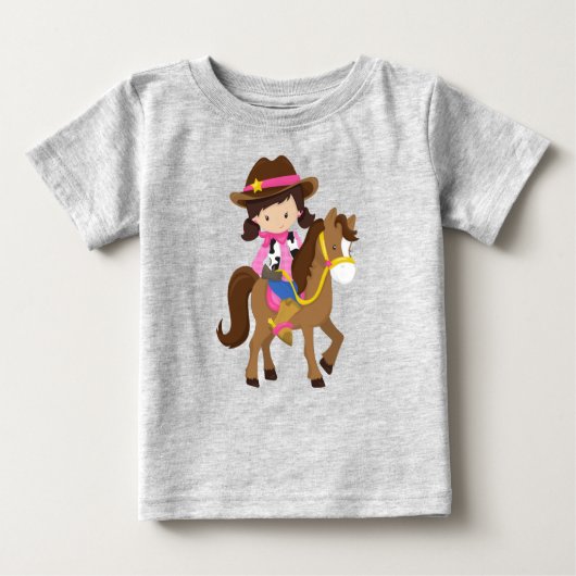 Cowgirl, Sheriff, Pferd, Western, Braunhaar Baby T-shirt (Vorderseite)