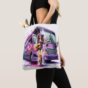 Cowgirl Singer mit Gitarre und Tour Bus Custom Tasche