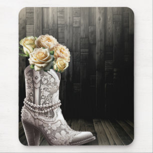 Cowgirl Spitze & Perlen Stiefel Weiße Blumen Rusti Mousepad