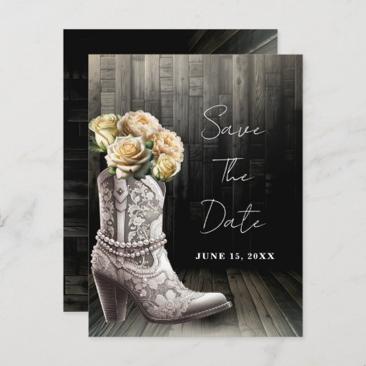 Cowgirl Spitzen Stiefel & White Blume Save the Dat Ankündigungspostkarte (Vorne/Hinten)