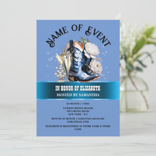 Cowgirl Stiefel bläulich blauen Blume Chic Einladung (Stehend Vorderseite)