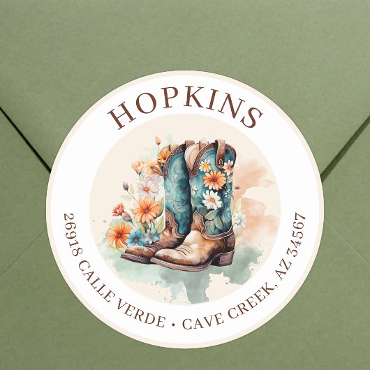 Cowgirl Stiefel mit Blume Rücksendeadressen-Aufkle Runder Aufkleber